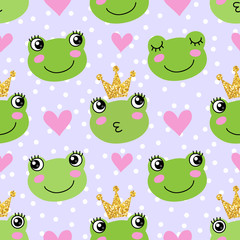 Seamless pattern with cute frogs and crowns