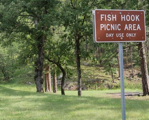 Roadside sign at the Fish Hook picnic area, Custer State Park, South Dakota.