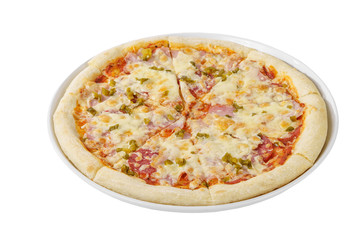 Pizza whole round, cut into pieces, on a white isolated background. Fast food in a pizzeria, a floury cheese product. Side view