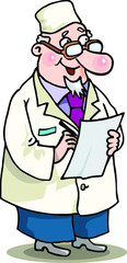 A doctor with glasses and a white coat is writing on a piece of paper. Illustration in cartoon style