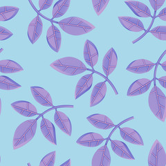 Purple leaves seamless pattern on blue background. Elegant stylized plant leaves. Abstract design autumn pattern. Garden texture. Nature floral illustration with tree leaves. 3d render