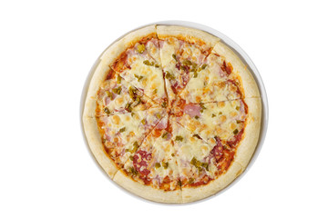 Pizza whole round, cut into pieces, on a white isolated background. Fast food in a pizzeria, a floury cheese product. View from above