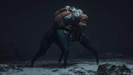 3d illustration of a cyberpunk scary monster spider standing on snowy ground in the night scene. Futuristic post apocalypse red skin alien mutant in metal armor. Concept art sci- fi alien character © roman3d