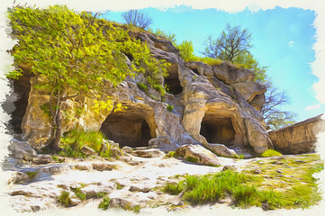 Imitation of a picture. Oil paint. Illustration. Crimea. Chufut-Kale spelaean city - the fortress