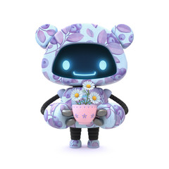 Little cute blue robot with purple bilberry leaves pattern on his body holds pink cup with pharmacy chamomile. Nature lover robot. Lovely Robotic Toy with herbal tea. 3d render on white background