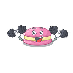 Sporty Fitness exercise strawberry macarons mascot design using barbells