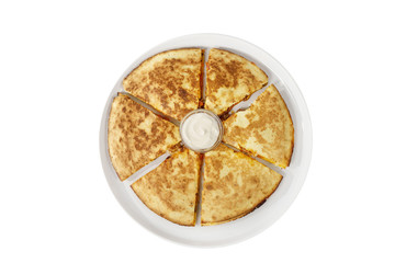 Quesadilla with chicken, meat and tomatoes with sour cream sauce, 6 pieces, isolated white background, View from above