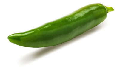 1 fresh green chilli pepper. Isolated on white background.