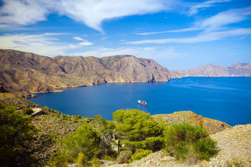 Summer landscape, sea mountains in Spain, coast Costa Calida