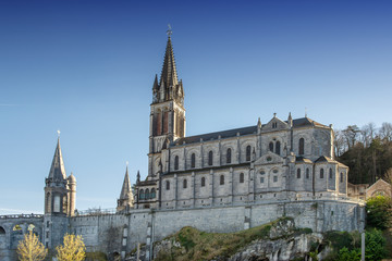 View of the cathedral-sanctuary of Lourdes (France)