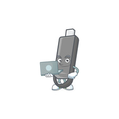 A smart flashdisk mascot icon working with laptop