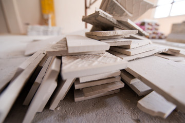 pile of ceramic wood effect tiles