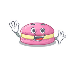 Waving friendly strawberry macarons mascot design style