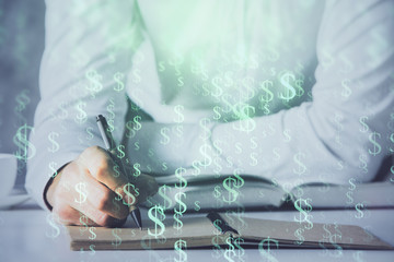 Financial trading chart multi exposure with man desktop background.