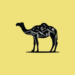 Illustration desert landscape and camel  animal silhouette logo vector hand drawn