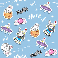 Cute fashion patch badges collection with funny space bunny on a blue background seamless pattern for children