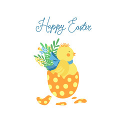 Easter greeting card with a colorful easter egg and a newborn little chicken in it. Spring flowers. Hand drawn vector illustration isolated on white background. Great for Easter products design.