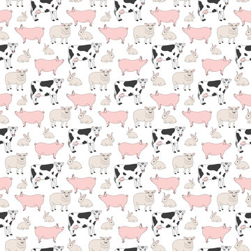 Seamless pattern with farm (domestic) animal - cow, sheep, pig and rabbit on white background. Cute print with colored graphic elements for textile, fabric, wrapping paper, scrapbooking, web design