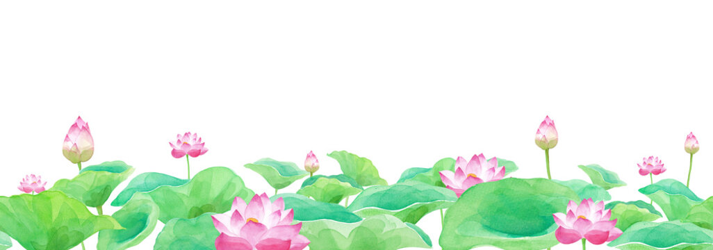 蓮の花、水平方向のシームレスパターン　水彩イラスト