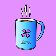 blue cup with hot drink isolated on a pink background .vector illustration, color logo.