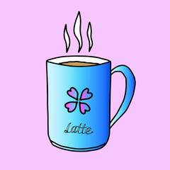 blue cup with hot drink isolated on a pink background .vector illustration, color logo.