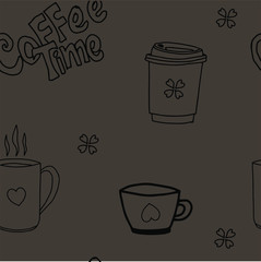 Seamless illustration of cups of coffee on a brown background. Coffee time. Vector illustration.  Postcards, manufacturing, wallpaper, printing, packaging and scrapbooking, background for the menu.