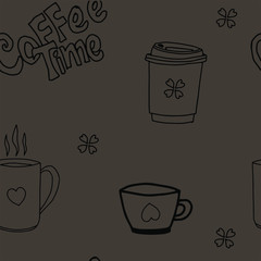 Seamless illustration of cups of coffee on a brown background. Coffee time. Vector illustration.  Postcards, manufacturing, wallpaper, printing, packaging and scrapbooking, background for the menu.