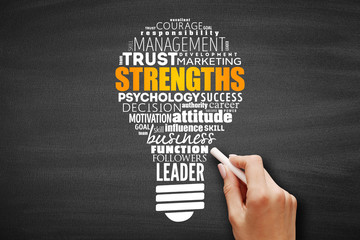 Strengths light bulb word cloud collage, business concept background
