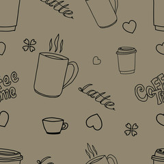 Seamless illustration of cups of coffee on a brown background. frame, postcards, manufacturing, wallpaper, printing, packaging and scrapbooking. menu background. Vector illustration.