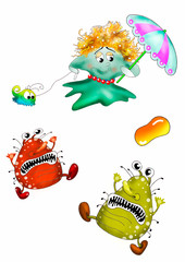 Naklejka premium Set of drawings funny microbes, microorganisms, creatures. The fight against the virus, with the coronovirus. Banner, illustration. Soap and cleanliness kill germs. For the design of your products