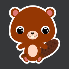 Children's sticker of cute little sitting beaver. Forest animal. Flat vector stock illustration