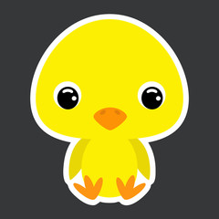 Children's sticker of cute little sitting chicken. Flat vector stock illustration