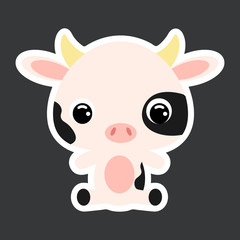 Children's sticker of cute little sitting cow. Domestic animal. Flat vector stock illustration