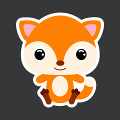Children's sticker of cute little sitting fox. Forest animal. Flat vector stock illustration