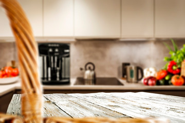 desk of free space and kitchen interior 