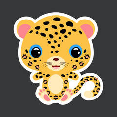 Children's sticker of cute little jaguar. Jungle animal. Flat vector stock illustration