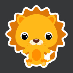 Children's sticker of cute little sitting lion. African animal. Flat vector stock illustration