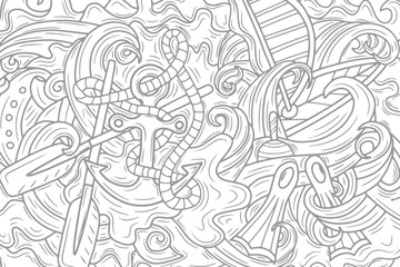 Doodle sea colorong with yacht, boat, paddle, flippers, seashell and wave. Outline antistress pattern. Vector stock illustration
