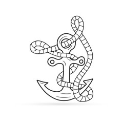 Doodle sea colorong with paddle, rope and anchor. Outline antistress pattern. Vector stock illustration