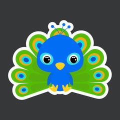 Children's sticker of cute little sitting peacock. Flat vector stock illustration