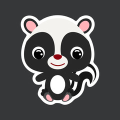 Children's sticker of cute little sitting skunk. Forest animal. Flat vector stock illustration