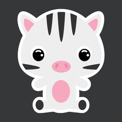 Children's sticker of cute little sitting zebra. African animal. Flat vector stock illustration