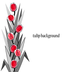 .Vector background or frame with tulip flowers and leaves on a watercolor  dab. Flower composition. Hand-drawn  illustration. .