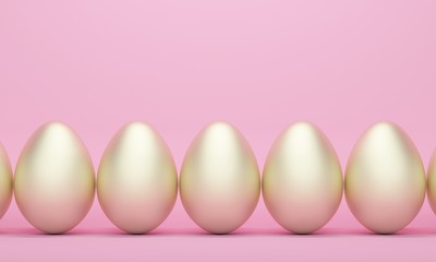 A row of golden eggs on a pink background. 3d rendering