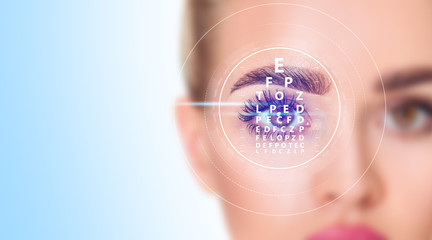 Woman eye and eyechart in scanning circle closeup. - obrazy, fototapety, plakaty