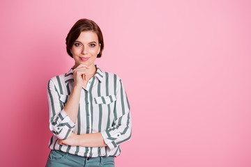 Portrait of lovely smart businesswoman feel she success expert entrepreneur touch hand chin wear...