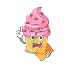 Happy face strawberry cupcake mascot design with envelope
