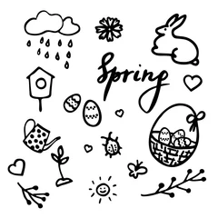 Fotobehang Springtime doodles. Vector design elements set with inscription Spring, birdhouse, flower, bug, rainy cloud, sun, easter eggs in a basket, sprout, teapot, easter eggs and hearts © Lidia_sv