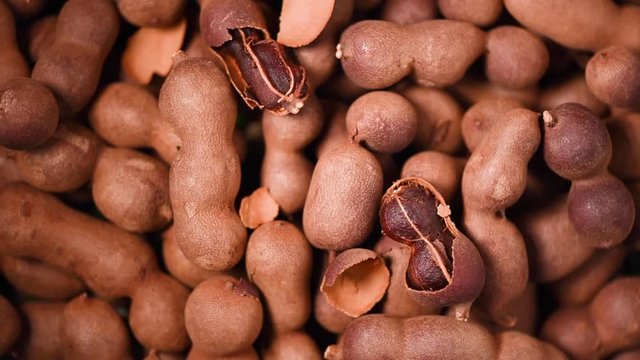 Sweet tamarind on rotating background. Top view. Exotic fruit, tropical palm branch. Vegan and raw food concept