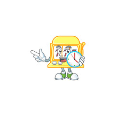 Golden slot machine cartoon character style with a clock